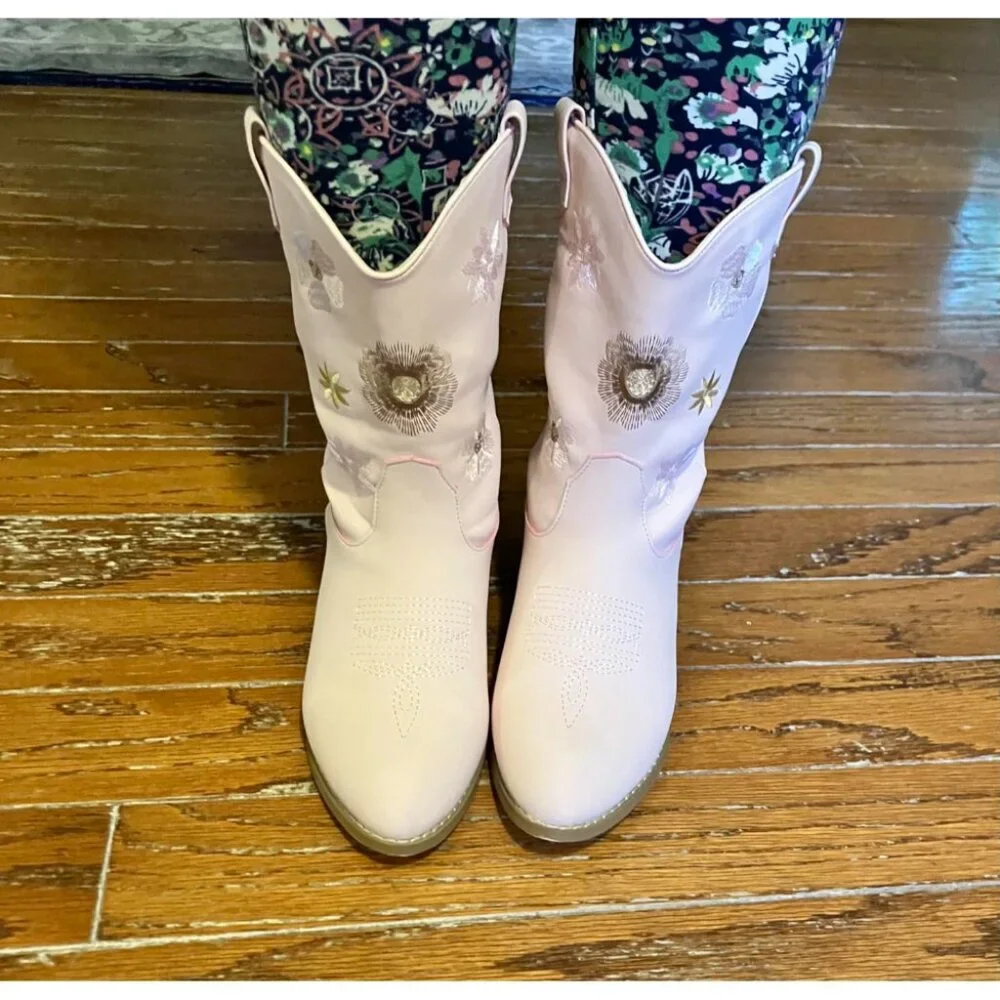 🆕Girls Pink Polyurethane Cowboy Floral Embroidered Western Cowgirl Boots